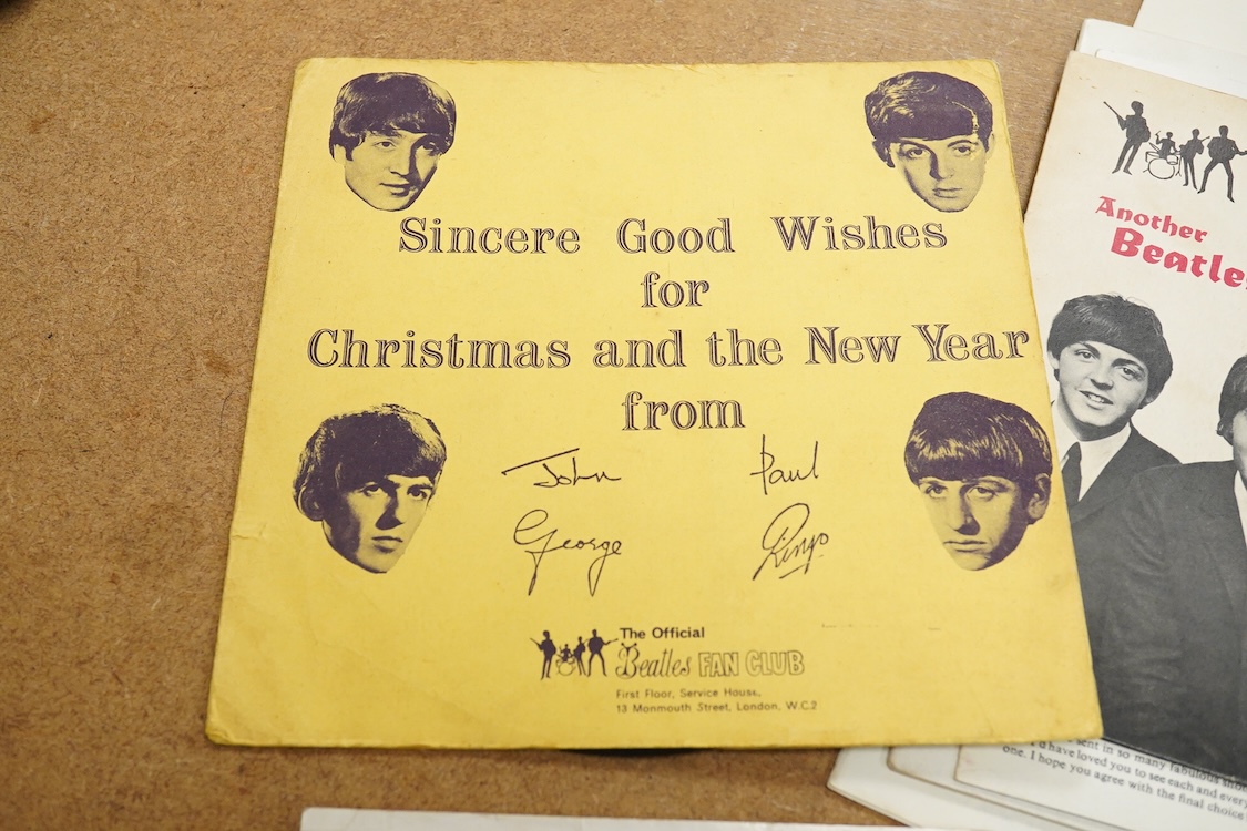 The Beatles Fan Club interest; two official fan club Christmas flexidiscs for 1963 and 1964, together with a fan club membership card, 1960s newsletters, and other 1960s ephemera